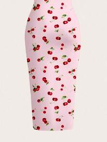 Vestido camisero de longitud completa ajustado con estampado de cerezas, adecuado para el verano - Multicolor 2 - Ver 5