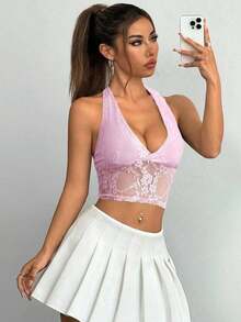 Camiseta sin espalda casual de mujer con parches de encaje azul marino sólido - Rosa - Ver 6
