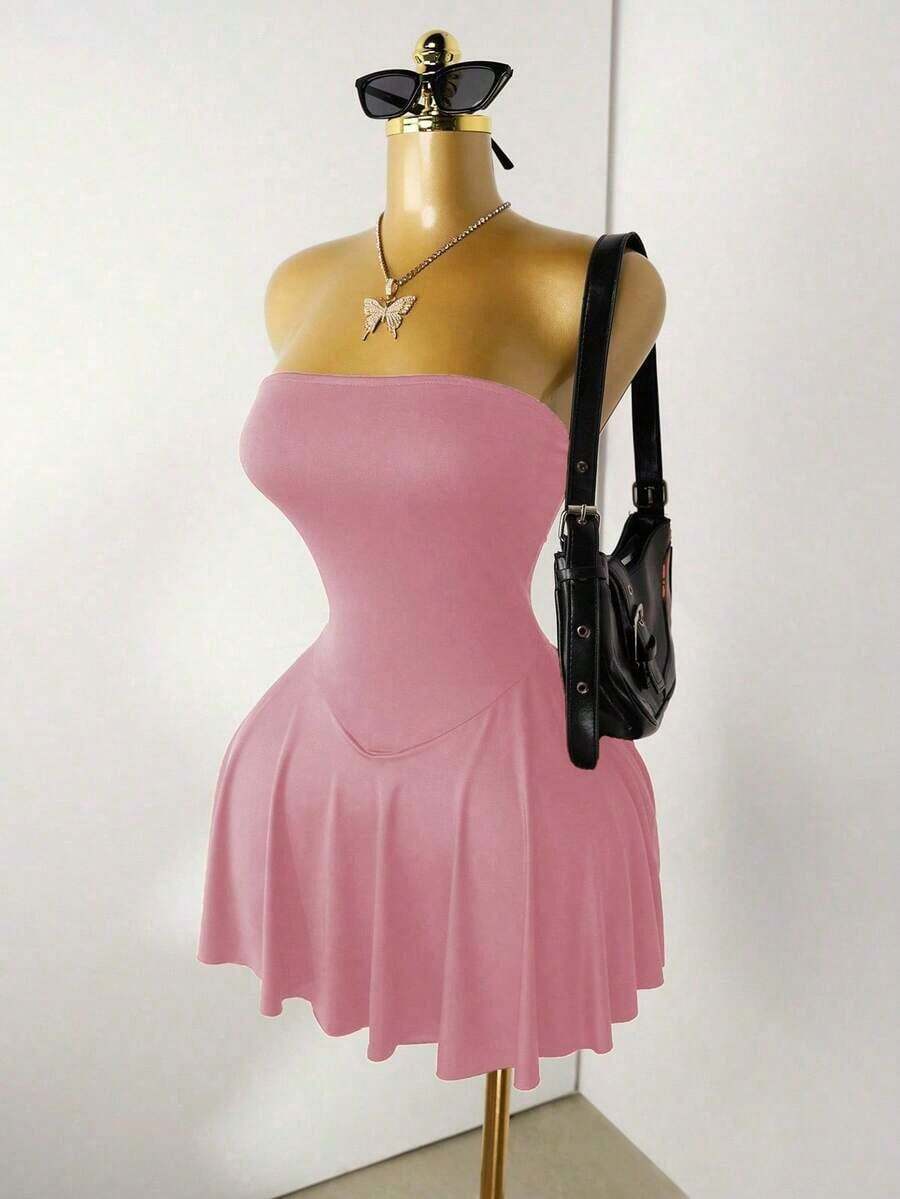 Vestido mini sin tirantes con dobladillo de volantes para mujer - Rosa Pálido - Ver 1