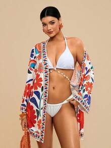 suelta con estampado tropical para mujer de talla grande, Bata de baño, Kimono de playa, Año Nuevo, Acción de Gracias, Navidad, Playa, Playa para mujeres, Conjunto de playa, Playa para mujeres, Moda de playa, Moda de playa para mujeres - Albaricoque - Ver 3