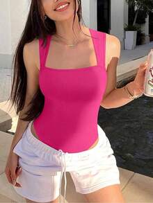 Body casual de un solo color con tirantes anchos y ajustado para mujer - Rosa Fucsia - Ver 5