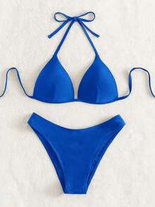 Conjunto de bikini liso, sujetador push up y parte inferior de bikini, traje de baño de 2 piezas - azul real - Ver 3
