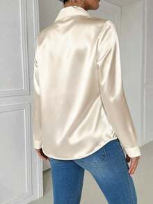 Blusa de mujer de manga larga ajustada con bolsillo y cuello casual en color blanco - Albaricoque - Ver 2