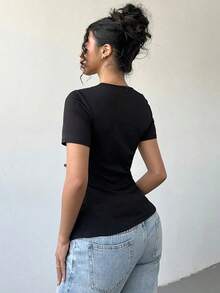 Camiseta de cuello redondo con abertura lateral y decoración de lazo con cristales para mujer - Negro - Ver 2