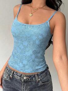 Camiseta de mujer nueva con encaje y aplicación de lentejuelas, ropa de calle sexy - Celeste - Ver 5