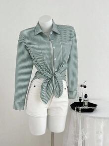 Blusa de mujer de manga larga con hombros caídos y rayas, Blusas de manga larga - Verde - Ver 3