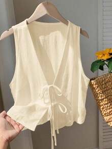 Camisa sin mangas de unicolor casual con nudo delantero para mujeres - Albaricoque - Ver 6