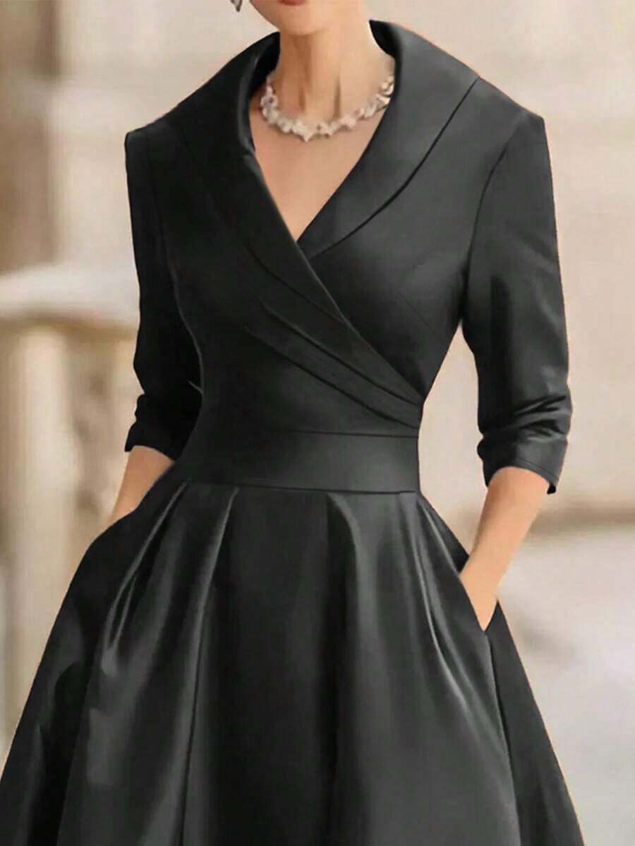 elegante y de moda francés al estilo europeo y americano, vestido formal de cintura ceñida de estilo minimalista, vacacional y casual japonés y coreano, vestido de dama elegante y sexy de escote profundo en V y ajustado al Body para otoño/invierno - Negro - Ver 1