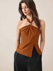 Top con cuello de halter, diseño de botón de metal verde, abertura lateral, elegante y chic para uso urbano y diario, estilo romántico retro de los 90.Adecuado para Navidad, Año Nuevo, San Valentín, fiestas, playa, graduación, moda, carnaval, bod - Marrón - Ver 8