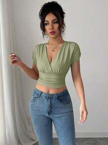 Camiseta casual de mujer con cuello en V y cruce en la cintura - Verde lima - Ver 4