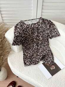Blusa ajustada de cuello redondo con estampado de leopardo vintage de malla, elegante y casual para uso diario - Multicolor - Ver 5