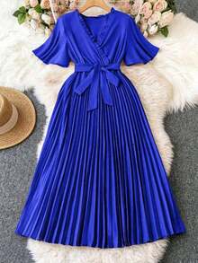 Vestido largo de mujer con estilo informal, lazo, pliegues y manga corta - azul real - Ver 1