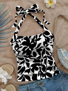 Parte superior de punto ajustada de mujer con cuello de lazo de color blanco, con estampado de hojas tropicales azules, adecuado para vacaciones de verano - Negro - Ver 4