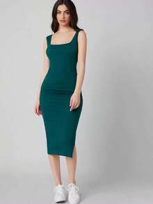 Vestido con abertura lateral de cuello cuadrado - Agua verde azul - Ver 1