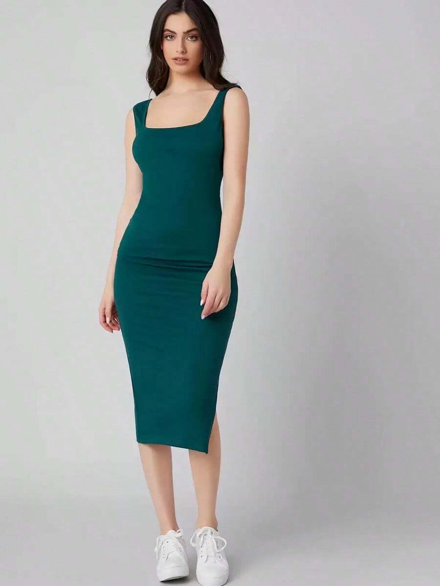 Vestido con abertura lateral de cuello cuadrado - Agua verde azul - Ver 1