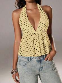 Elegante top de tirantes con escote en V y estampado de lunares para mujer, primavera/verano - Amarillo - Ver 5