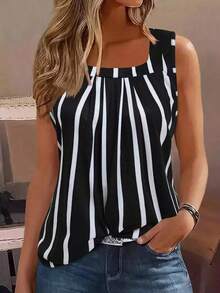 Camiseta sin mangas de mujer con bloques de color y rayas, estilo casual para vacaciones - Blanco y Negro - Ver 1