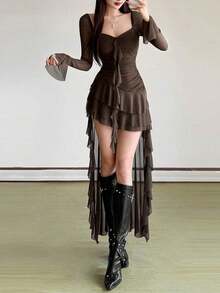 Vestido de manga larga con cuello cuadrado, cintura alta, ajustado, de unicolor vibrante, con dobladillo asimétrico, adecuado para fiestas y ocasiones casuales - Marrón - Ver 1