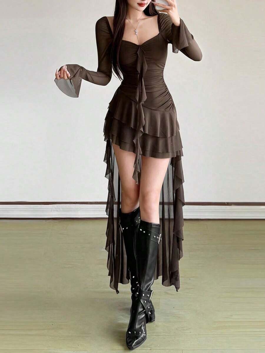Vestido de manga larga con cuello cuadrado, cintura alta, ajustado, de unicolor vibrante, con dobladillo asimétrico, adecuado para fiestas y ocasiones casuales - Marrón - Ver 1