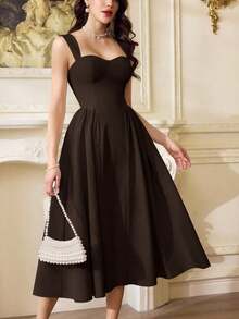 Vestido de mujer elegante y vintage con bolsillos, vestido casual para té, fiesta, vacaciones, verano, para fiesta, boda, graduación, cumpleaños, Pascua y primavera - Café integral - Ver 1