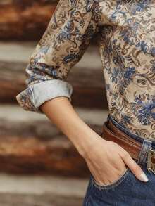 Camisa de moda casual de estilo retro bohemio con estampado, de manga larga, adecuada para uso casual, vacaciones y temporada de verano, elegante parte superior para primavera - Multicolor - Ver 7