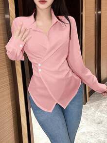 Blusa larga de manga larga con nudo de mujer, color liso, camisa de mujer para primavera y otoño, blusas de manga larga - Rosa vieja - Ver 3