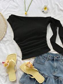 Blusa ajustada de cuello asimétrico con volantes y lazada, en color amarillo pálido, apta para fiesta, vacaciones, festival de música, estilo bohemio, citas y té de la tarde - Negro - Ver 4