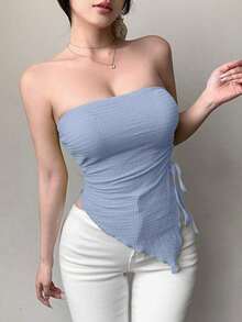 Blusa asimétrica plisada para mujer, ropa de vuelta al colegio, blusas para salir, top tubo - Celeste - Ver 3
