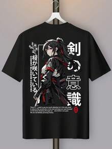 Camiseta de Hombre con Estampado de Chica Anime - Estilo Manga Streetwear, Cuello Redondo, Tee de Verano con Anime, Ajuste Casual para Convenciones y Ropa casual - Negro - Ver 1