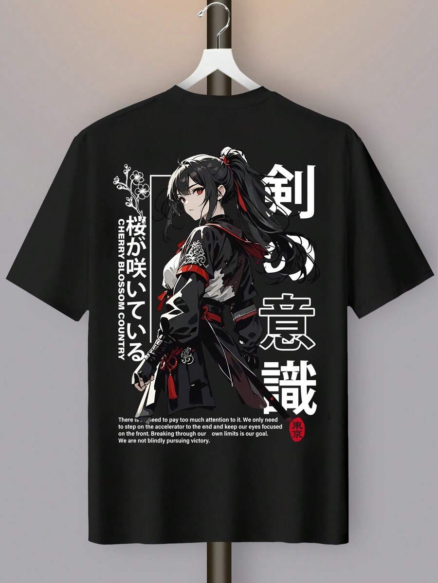 Camiseta de Hombre con Estampado de Chica Anime - Estilo Manga Streetwear, Cuello Redondo, Tee de Verano con Anime, Ajuste Casual para Convenciones y Ropa casual - Negro - Ver 1