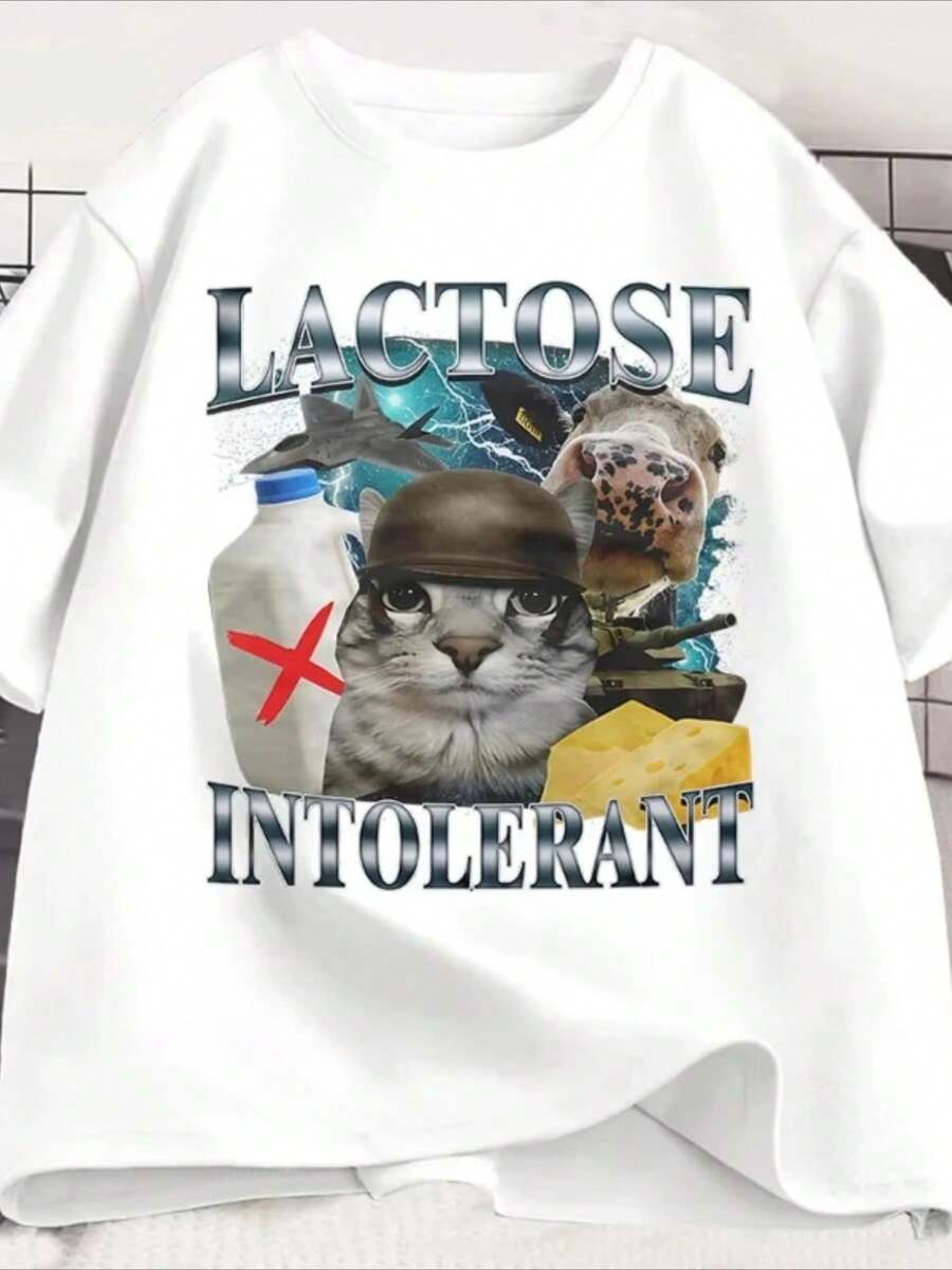 Funny Lactose Intolerant Cat T-Shirt - Retro Lactose Intolerant T-Shirt With Lactose Intolerant Text And Lactose Free Milk Graphic, Summer - trắng - Xem 1