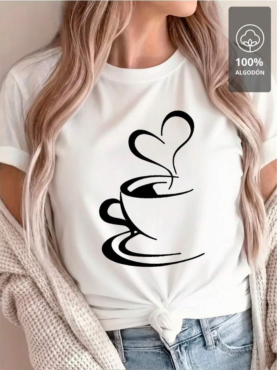 Coffee Heart Steam Black Print - 100% Cotton T-Shirt - [White] - View 1