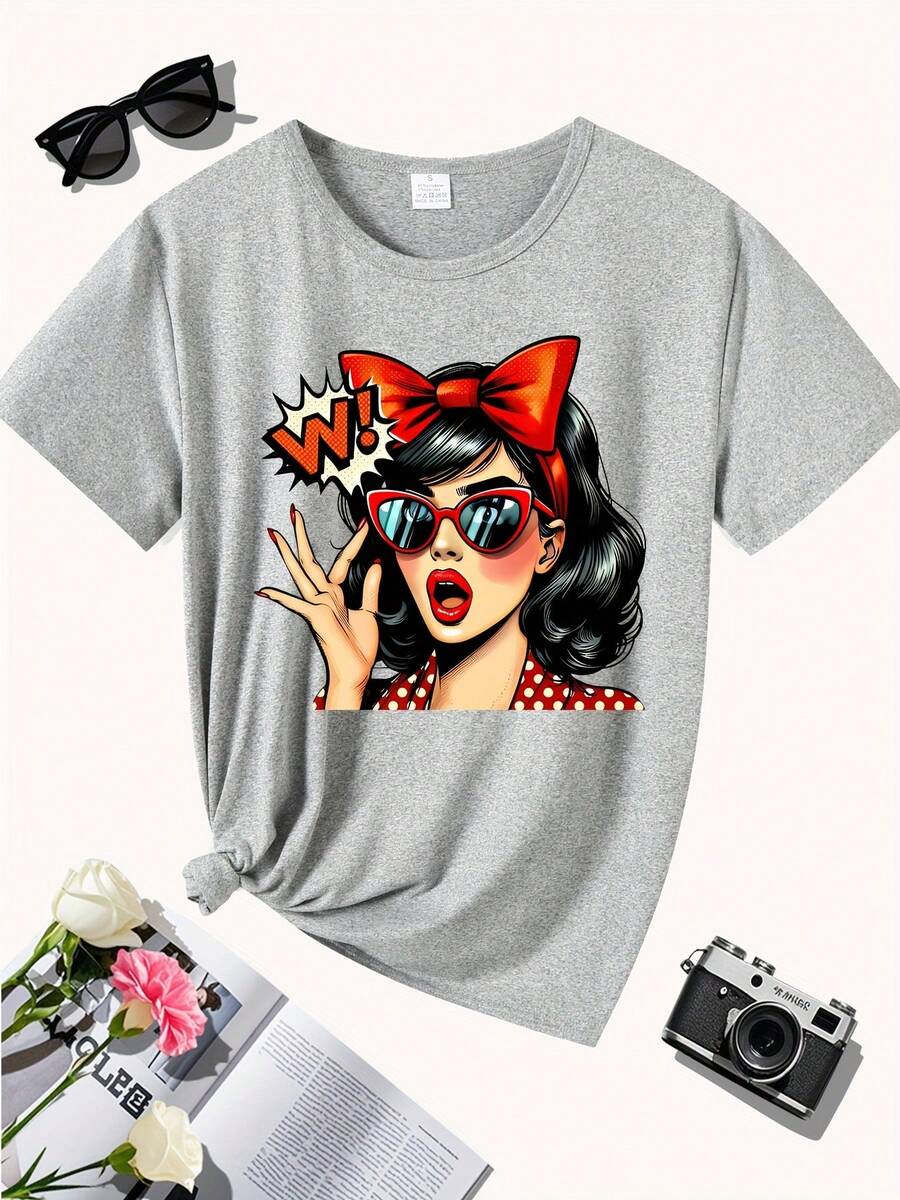 Camiseta vintage con estampado de personajes, top casual de manga corta y cuello redondo, ideal para primavera y verano, cómoda y transpirable, apta para todas las estaciones, ropa de mujer - Negro - Ver 1