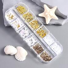 3D金屬美甲飾品 12款設計 白色珍珠花金珠 海星貝殼貝殼美甲貼片與亮粉 適用於壓克力美甲藝術美甲飾件 - 彩色 - 查看 5