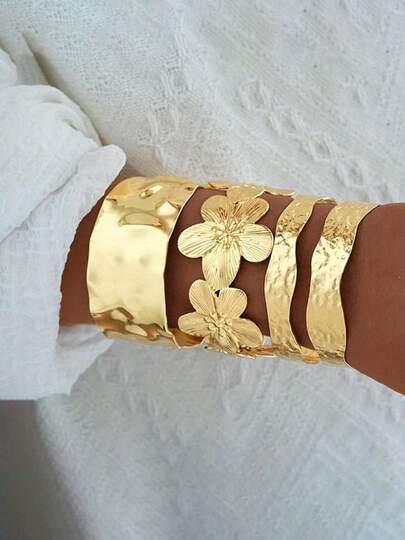 3pcs Vintage Metal Textured Floral, Asymmetrical Wave, Geometric Exaggerated Wide Bangle Bracelet Set, Adjustable, Suitable For Daily Wear And Gifting