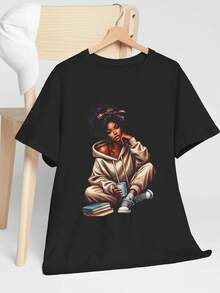 Women's Casual Short-Sleeve T-Shirt With Portrait Graphic Illustration, Summer Wear, Oversized T-Shirt, Casual Streetwear, Round Neck, Cotton, Summer Fashion, Loose-Fitting Everyday Outfit For Women, Suitable For Spring, Summer And Autumn. - 黑色 - 查看 2