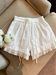Pantalones cortos de mujer con cintura con cordón y volantes bordados - Negro - Ver 7