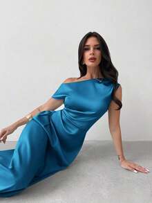 Vestido elegante asimétrico de hombro con pliegues y bajo de cola de sirena en color verde, adecuado para citas, vacaciones, bodas, eventos, regreso a la escuela, graduación, vestido de dama de honor formal, vestidos elegantes para mujer - Agua verde azul - Ver 6