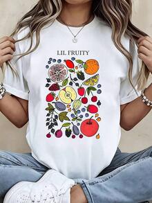 Lil Fruity Casual T-Shirt With Fruit Print, Women's Graphic Tee, Summer Casual Top, Short Sleeve, Round Neck, 100% Cotton, Durable - 白色 - 查看 7