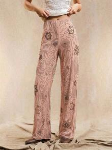 Pantalones rectos holgados de estilo bohemio con patrón de cuentas en color marrón para mujer, de verano - Rosa - Ver 8