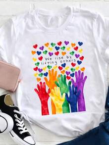 Camiseta con Estampado de Letras, Cuello Redondo, Manga Corta, Estilo Casual, Primavera y Verano, Moda Casual, Camiseta para Mujer - Negro - Ver 1