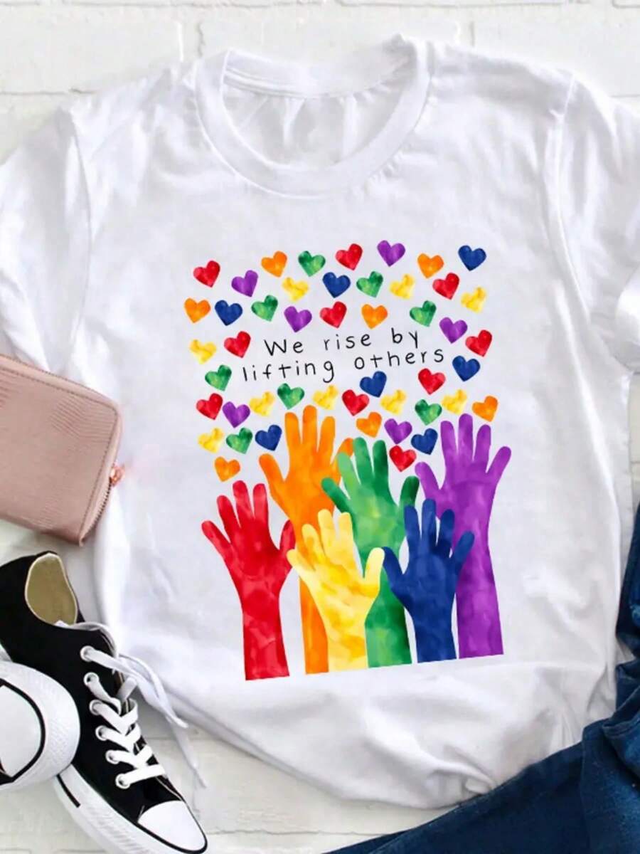 Camiseta con Estampado de Letras, Cuello Redondo, Manga Corta, Estilo Casual, Primavera y Verano, Moda Casual, Camiseta para Mujer - Negro - Ver 1