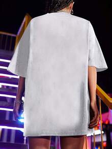 Camiseta con estampado de calavera y cuello redondo, camisetas casuales de manga corta holgadas y a la moda para el verano, ropa de mujer - Blanco - Ver 3