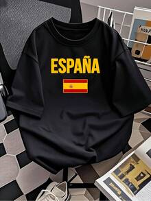 LooseEspaña bandera gráfica mujer patrón impresión puro algodón TShirt español orgullo estilo casual tee, transpirable y suave, perfecto para viajar, hace un regalo reflexivo para ella.Basic Crew Neck Cotton T-shirt for Women - Negro - Ver 3