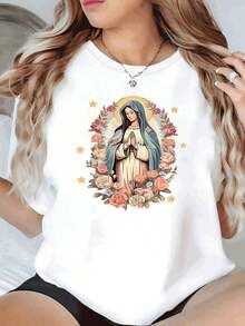 Loose-Fitting, Elegant Women's T-Shirt With A Floral Design And Religious Figure, Casual And Comfortable For Everyday Wear. Basic Crew Neck Cotton T-Shirt For Women - 白色的 - 查看 7