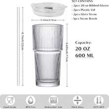 2 PCS Iced Coffee Cup With Lids, 20oz Clear Glass Tumbler With Straw & Lid, Ribbed Glassware Cups, Dishwasher  Drinking Glasses, Stylish Glass Cups For Coffee, Juice, Tea, Matcha - 2PCS - 查看 2