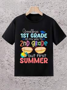 Kids' Graphic T-Shirt "Goodbye 1st Grade, On The Way To 2nd Grade, But First Summer" With  Glasses Print, Casual School Graduation T-Shirt - 黑色 - 查看 6