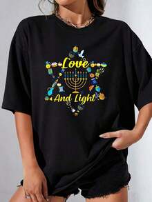 conjuntos de mujerLove And Light Camiseta de mujer 100% poliéster talla grande, informal, divertida, con estampado gráfico, manga corta, 1 pieza, cuello redondo, novedosa, playeras de mujer - Negro - Ver 7