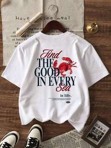 Women's Oversized T-Shirt With Y2K Crab Print And "Find The Good In Every Sea" Slogan, Casual Short Sleeve Crew Neck T-Shirt, Vintage Nautical Style For Summer, Beach Vacation Clothes, Everyday Wear, Coffee Dates, Parties, Teen Fashion,  Oversized Graphic T-Shirt For Young Women - Lightweight And Breathable - 白色的 - 查看 3