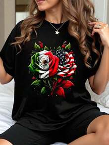 Playera mujer 100%  Mujer Navidad  Bandera de México USA Bandera Mexicana Bandera Americana Estampado Floral  Camiseta Casual de Cuello Redondo y Manga Corta Cómoda para Primavera y Verano Ropa Casual Diaria - Negro - Ver 8